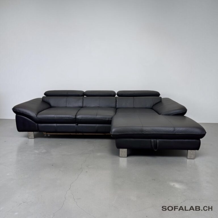 Corner Sofa made of black real leather with bed function – buy Occasion sofa at SofaLab
