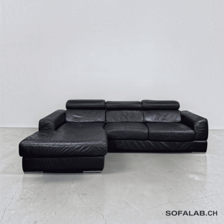 Corner Sofa made of black real leather with adjustable pillows – buy Occasion sofa at SofaLab