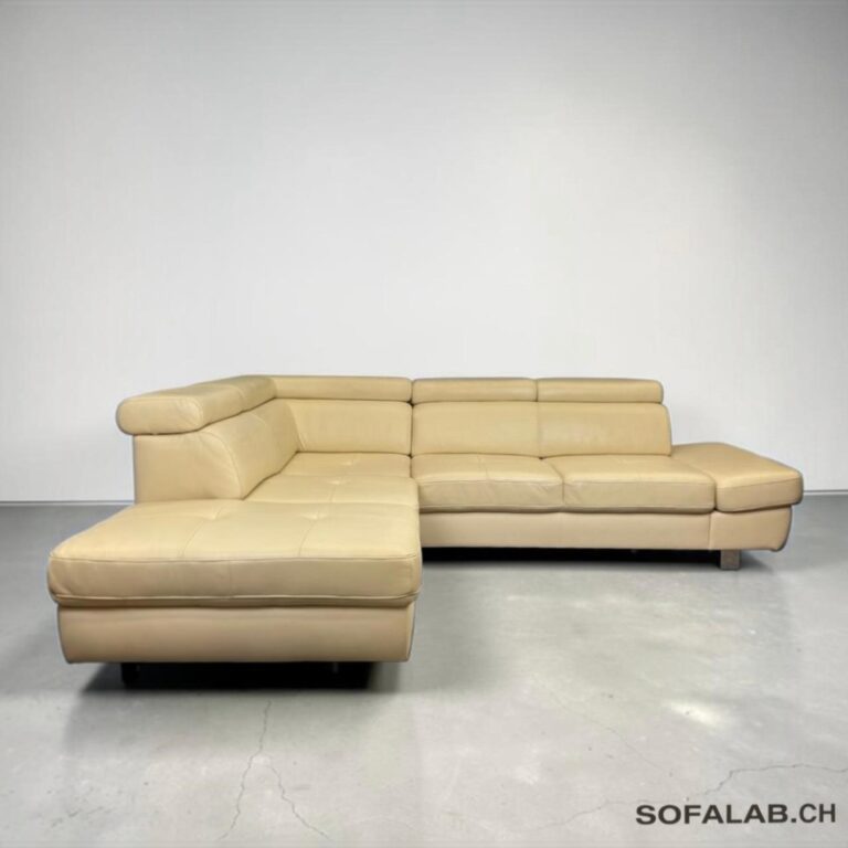 Corner Sofa from real leather cream with footrest – buy Occasion sofa at SofaLab